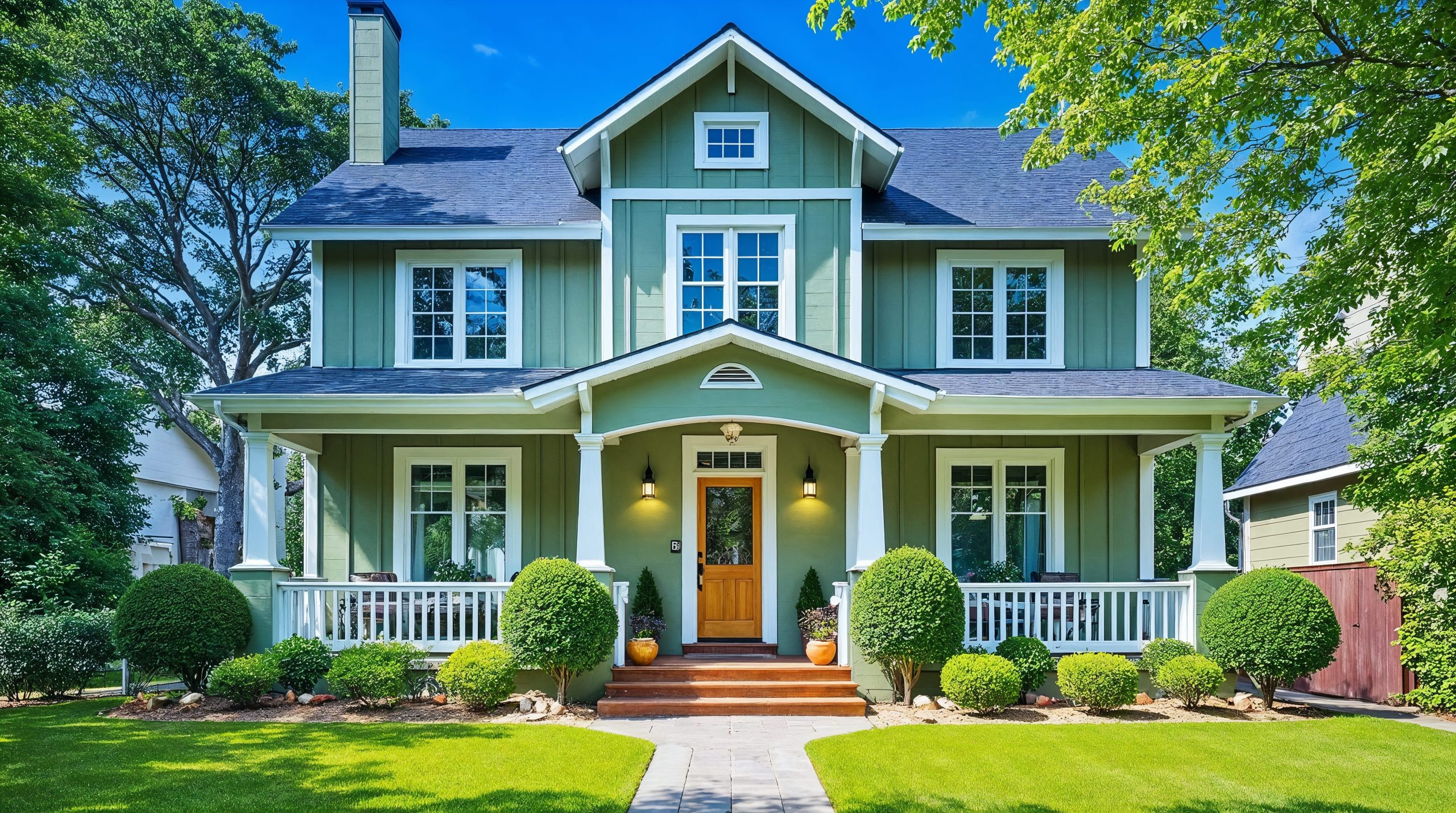 A two-story home with green siding, white trim, and a gray shingle roof.