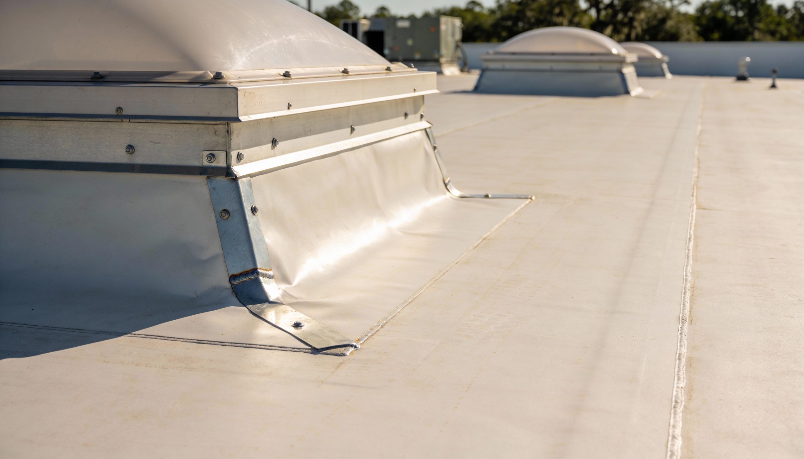A flat commercial roof showing the detailed approach taken around the skylight penetration.