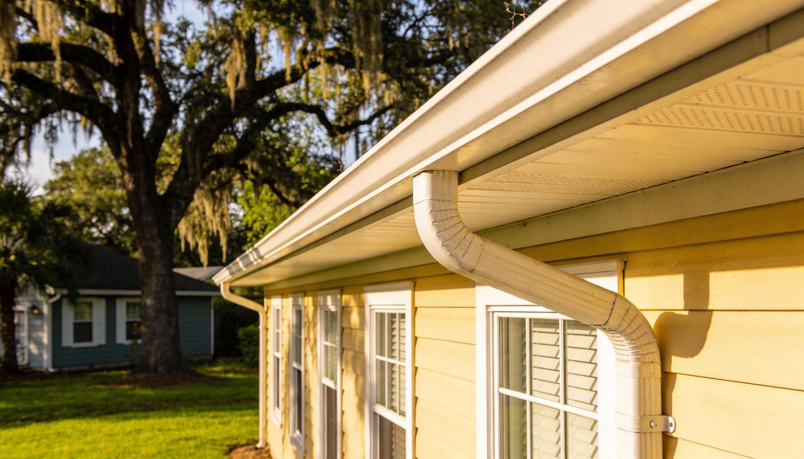 Close-up of white seamless gutters on a home with yellow siding.