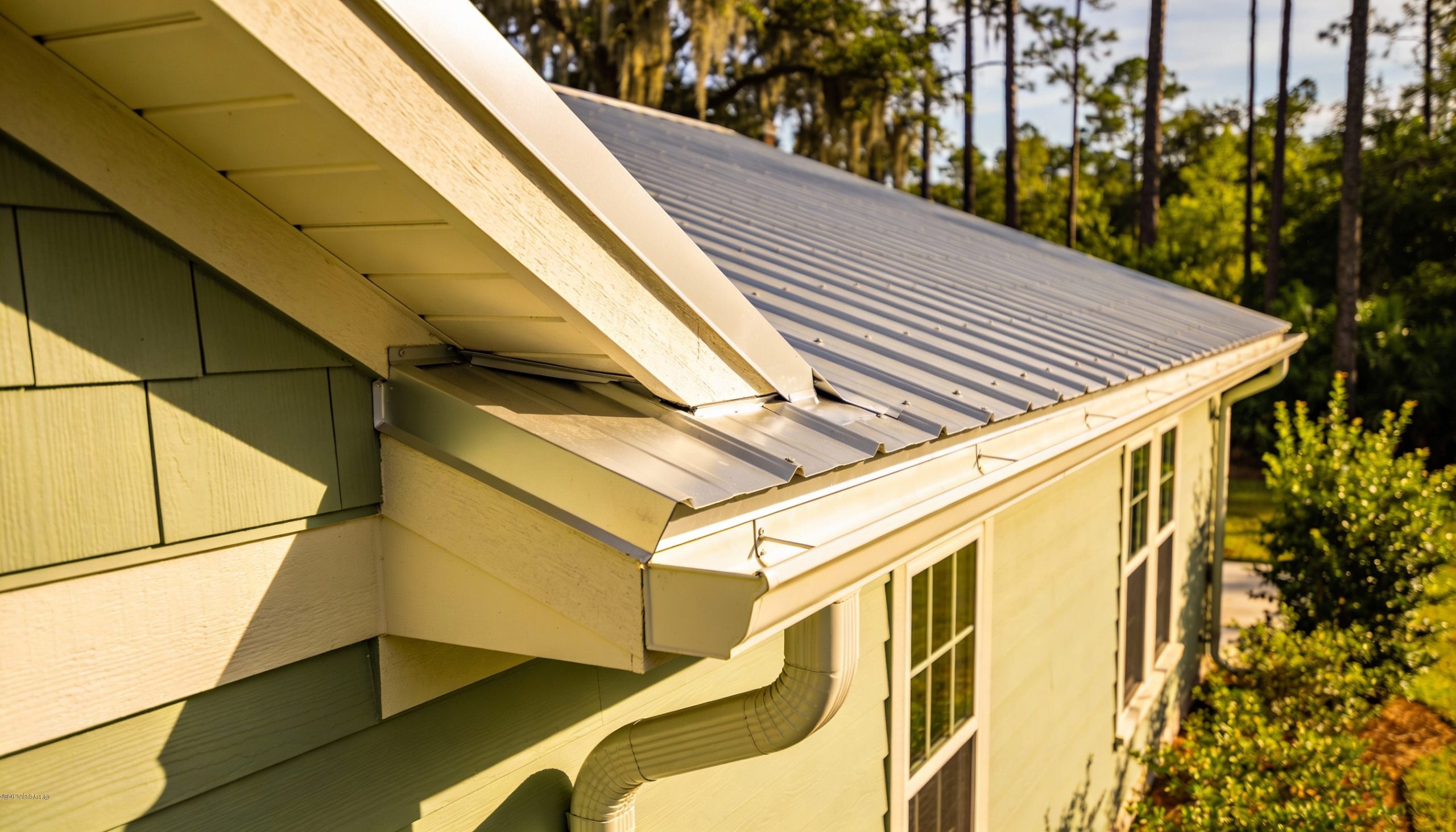 A close-up shot of seamless gutters on a home with light green siding and metal roofing.