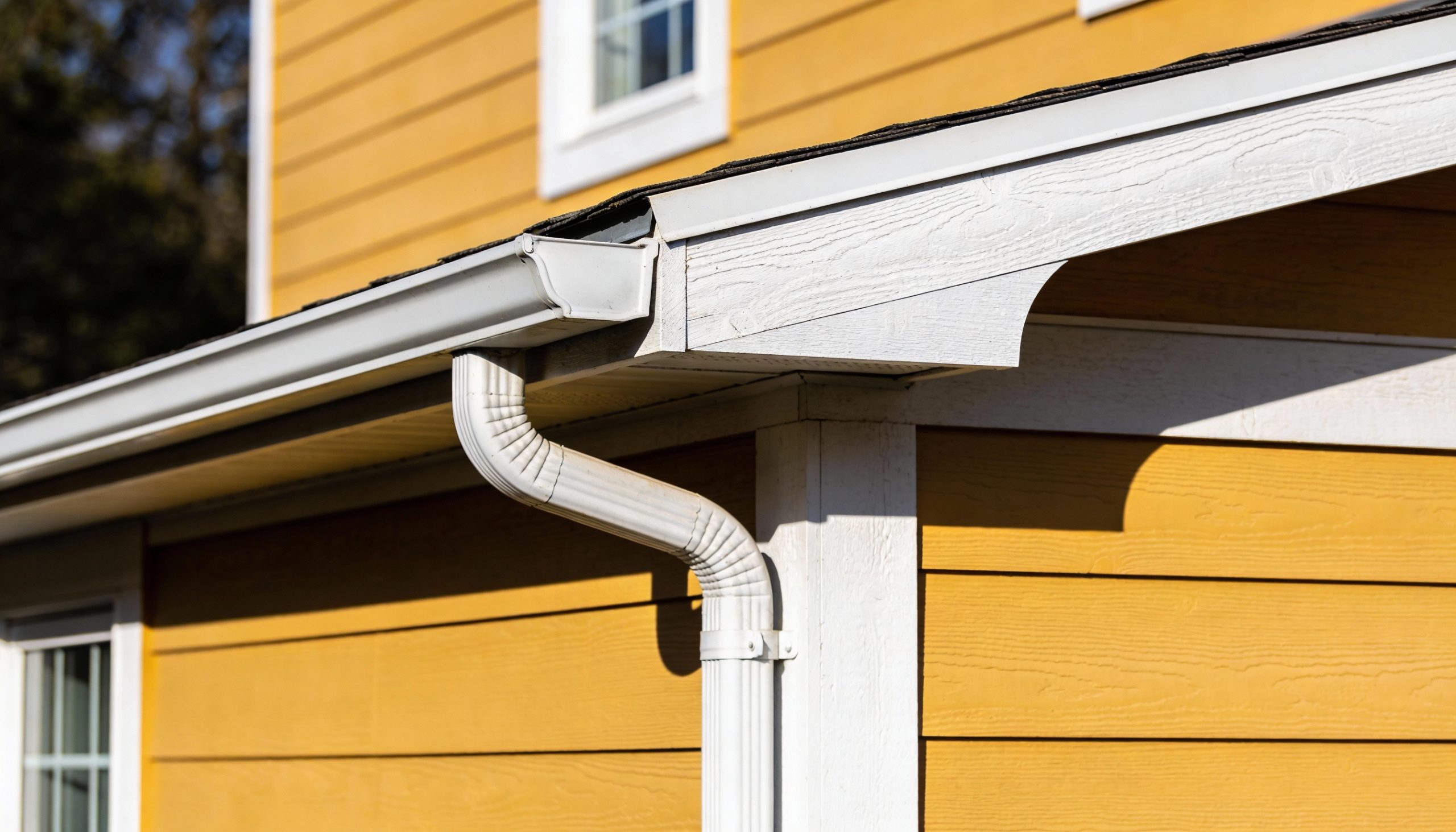 Close-up of white seamless gutters on a home with bold yellow siding.