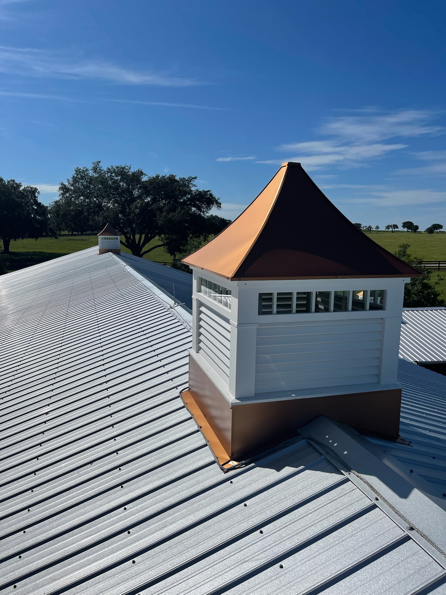 Close-up of newly installed metal roofing.