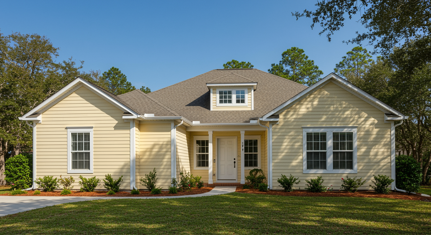 Front of a home with yellow siding and white seamless gutters.