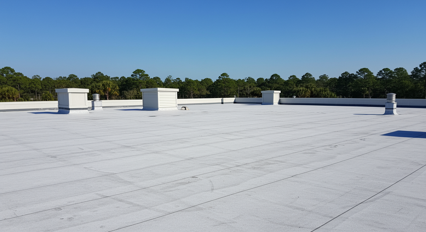 TPO commercial flat roofing overlooking the nearby treeline.
