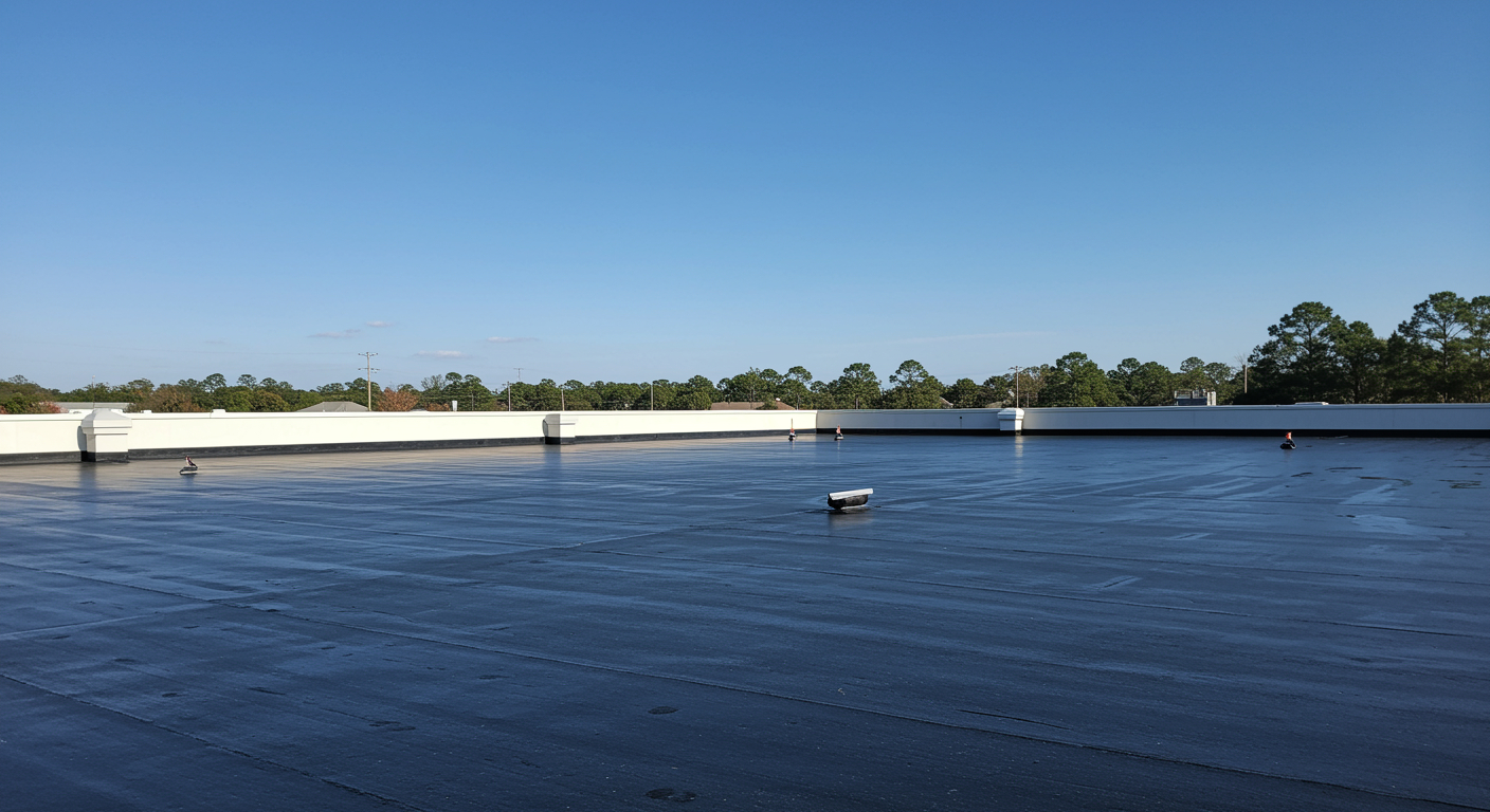 Flat EPDM commercial roofing with treetops in the distance.