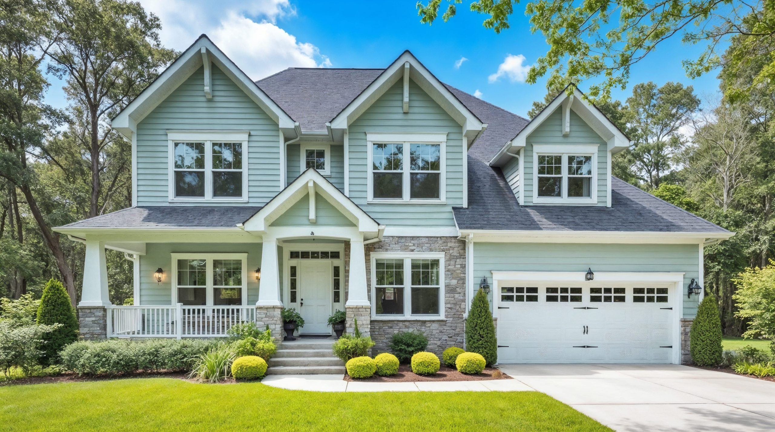 A two-story home with light green siding, white trim, and gray shingle roofing.