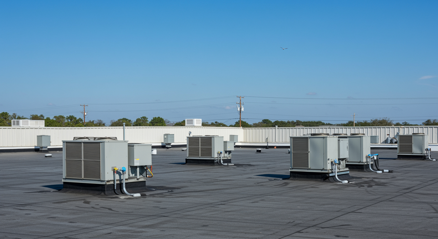 A commercial EPDM roof with multiple HVAC units.