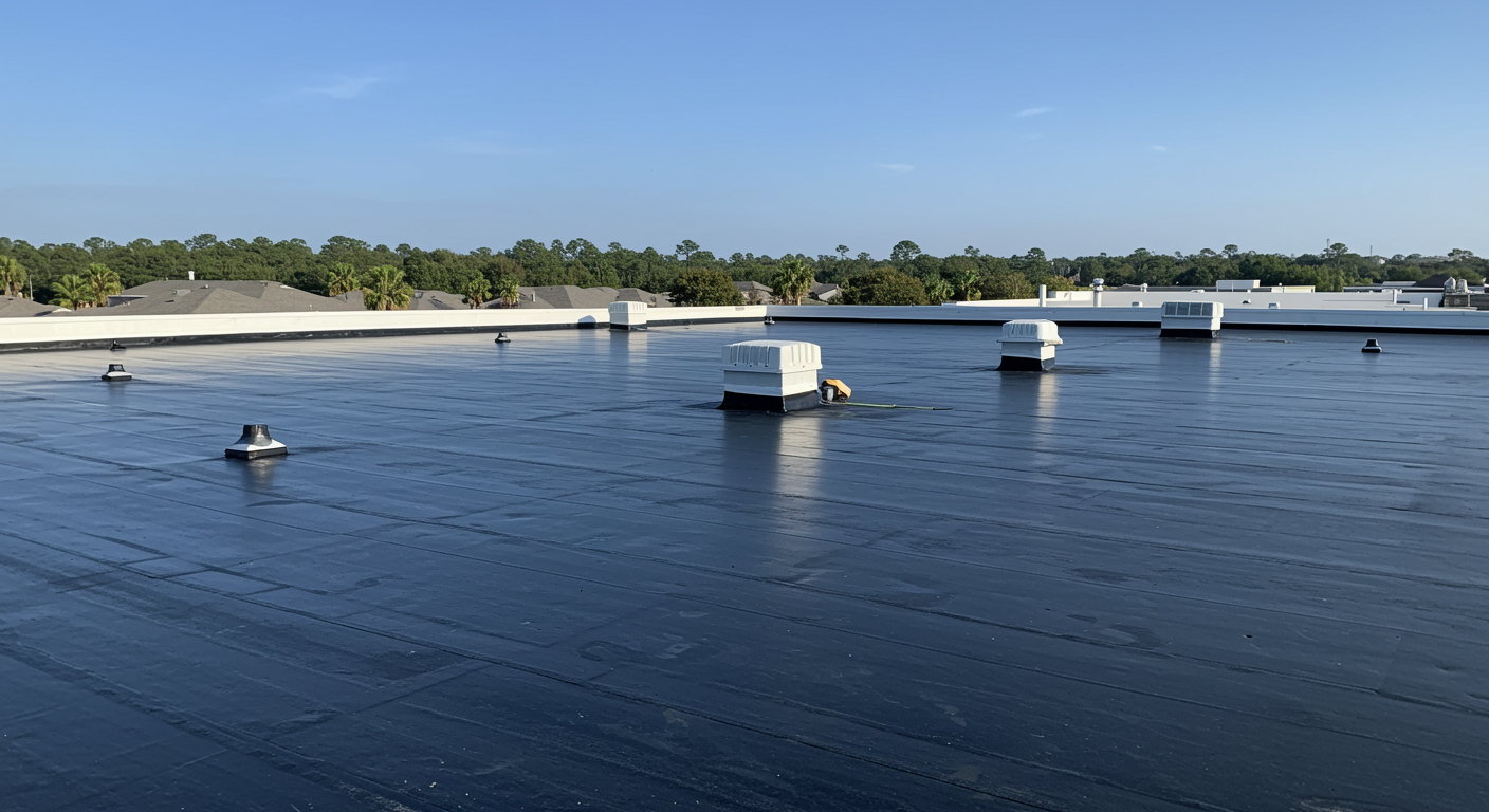 A newly installed EPDM flat roof on a commercial building.