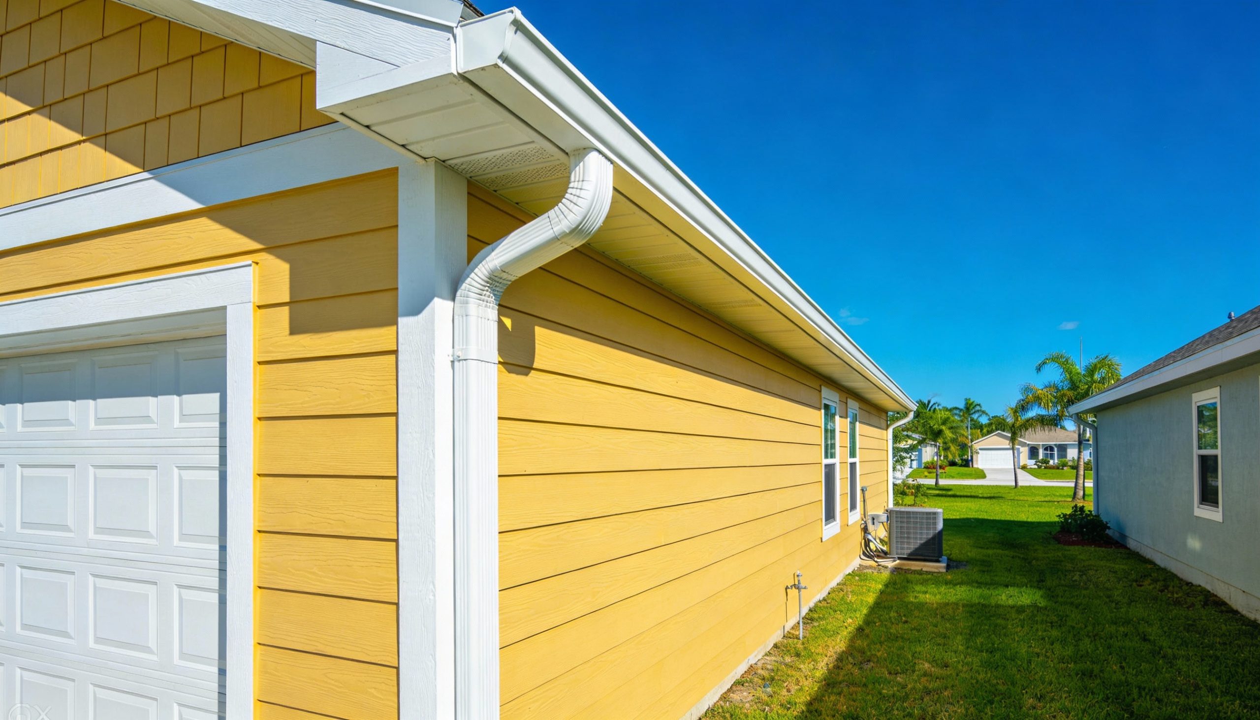 Close-up of white seamless gutters, fascia, and soffit on a home with blue siding.