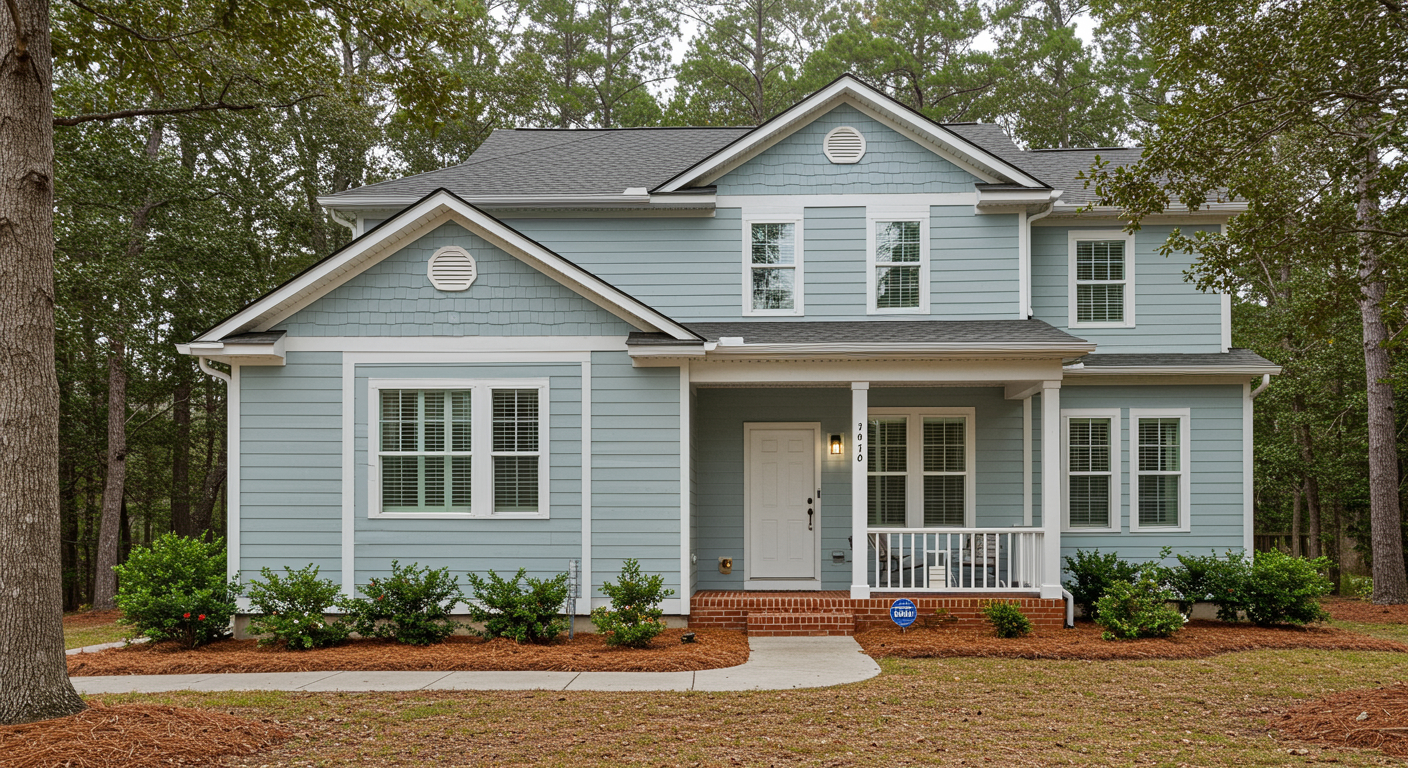 A home with pale blue siding, white trim, and seamless gutters surrounded by trees in the background.