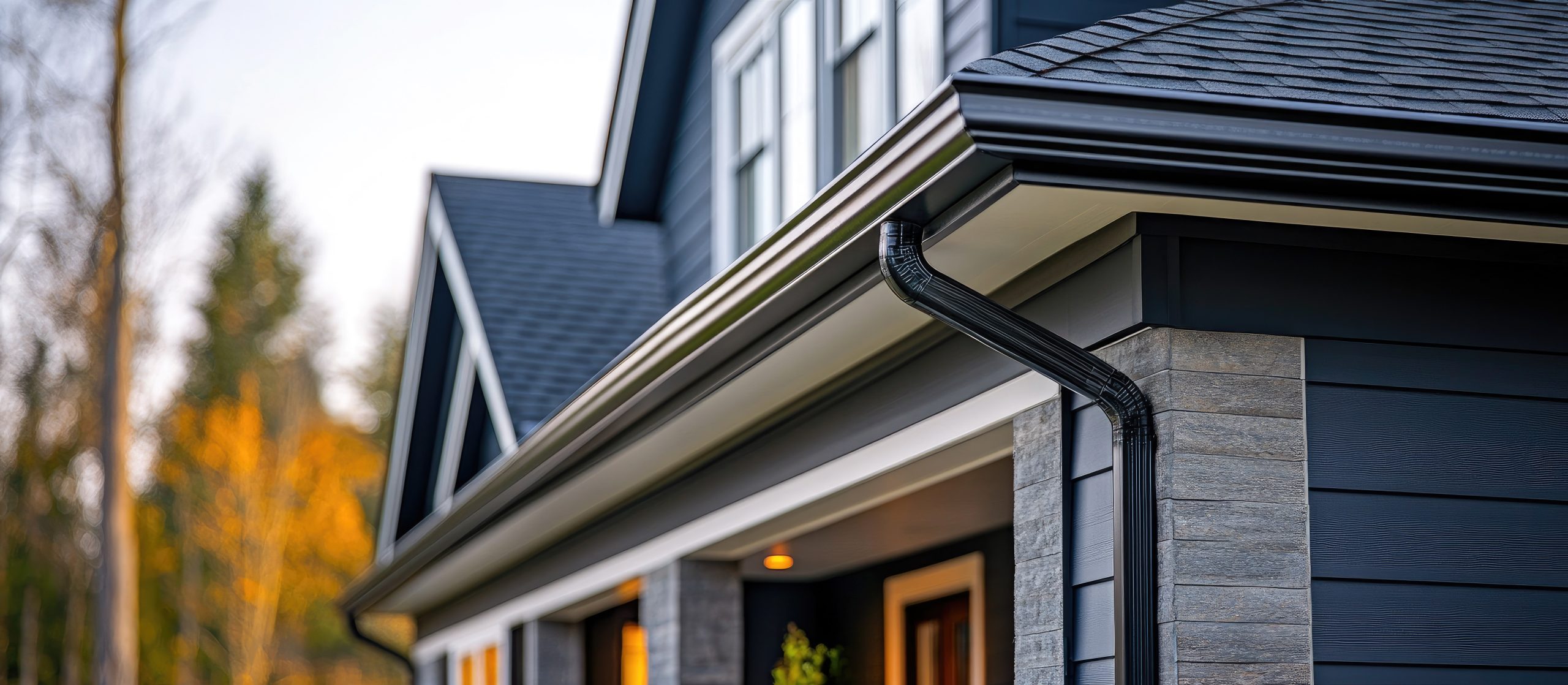Close-up of black seamless gutters on a home with blue siding.