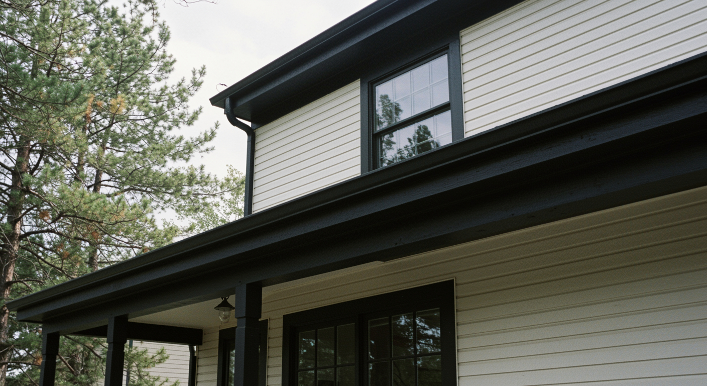 A two-story home with white siding, black gutters, and black fascia.
