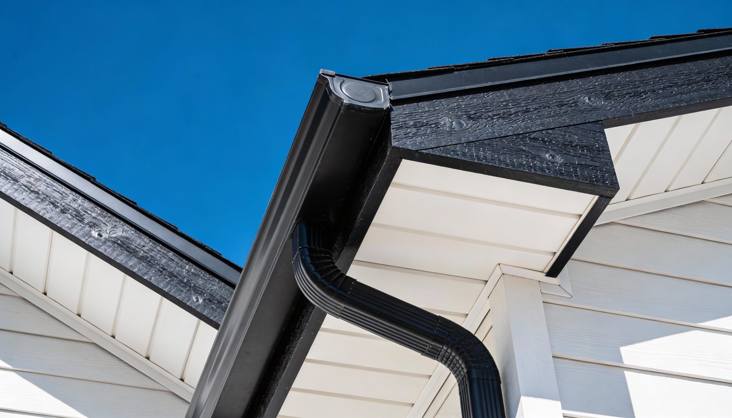 Close-up of black gutters and a white soffit on a home with white siding.
