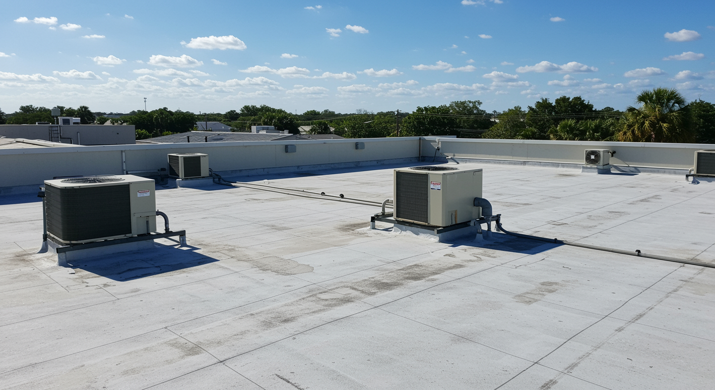 Flat commercial roofing with several HVAC units.