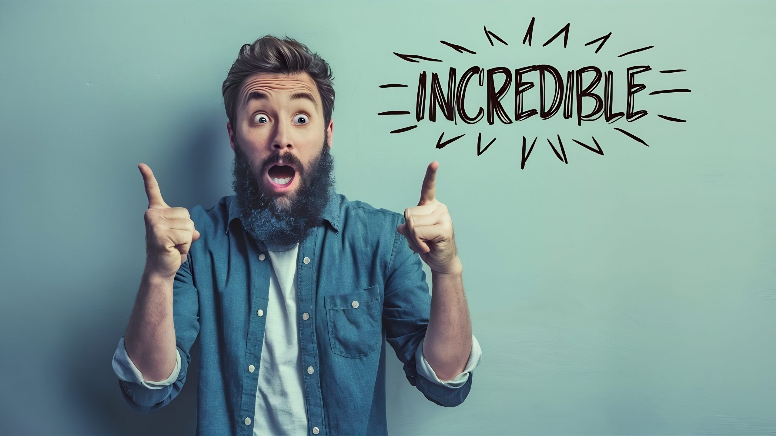 A guy holding up his hands with “Incredible” written behind him.