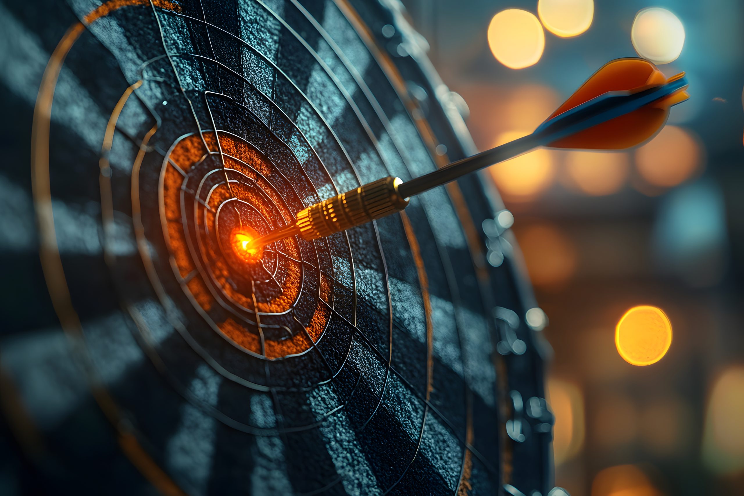 A close-up view of a dart hitting the bulls eye on a dart board.