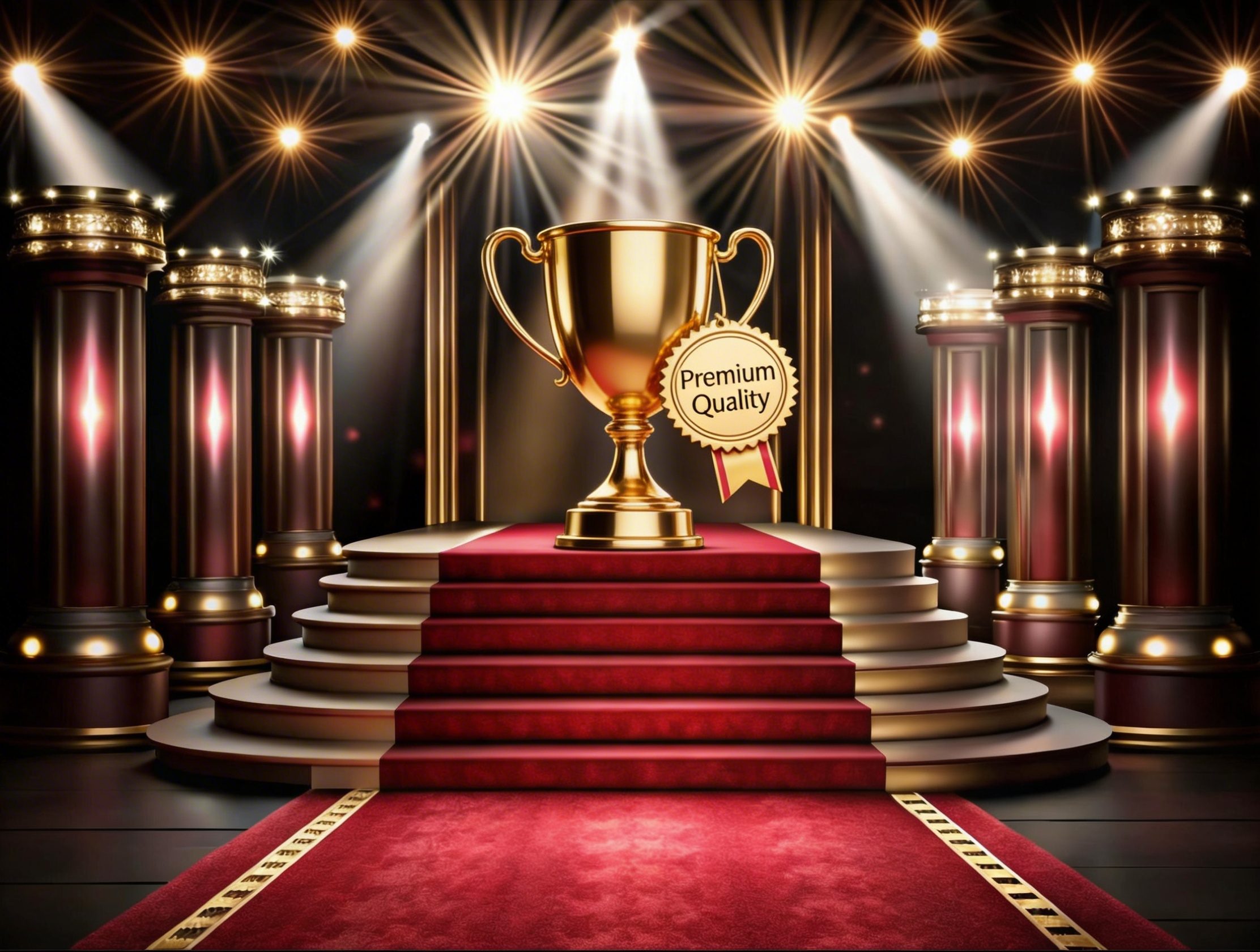 A trophy showing “Premium Quality” on the badge sitting on a stage with red carpet.