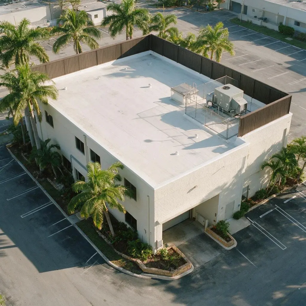 Resolute Commercial Roof Repair In Alachua, FL | Sentinel Roofing A small, square two-story building has a flat, white roof with a large HVAC unit in the lower right corner. There’s a parking lot surrounding the building, along with palm trees planted in the landscaping.