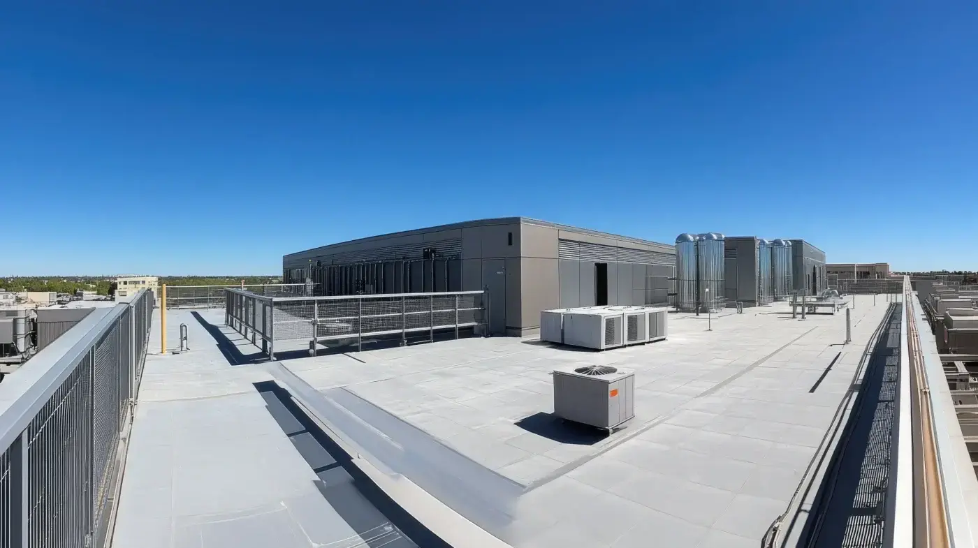 Rewarding Commercial Roof Repair In Newberry, FL | Sentinel Roofing A photo taken on the roof of a business. The photo shows some of the light-colored flat roofing, air conditioning units, tall metal silos, and a fenced-in sitting area.