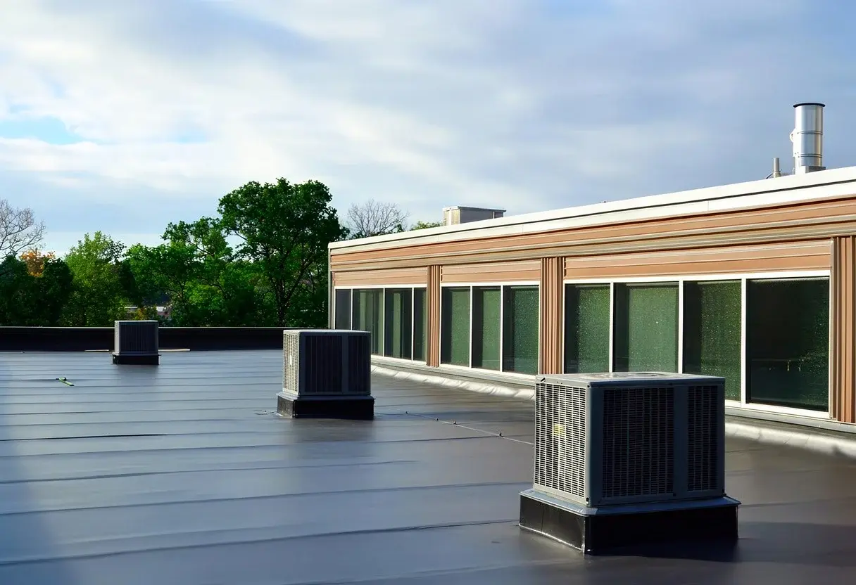 Rosy Commercial Roof Repair In Newberry, FL | Sentinel Roofing The flat roof of a building that is covered in a black, matte material. To the right, a section of the building featuring multiple windows rises from the surface, and to the left of that, multiple HVAC unit components are visible.