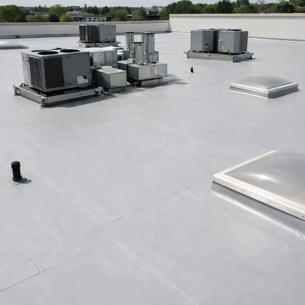 Satisfactory Commercial Roofing In Alachua, FL | Sentinel Roofing A close-up of a commercial roof with a white membrane on the surface. There are visible HVAC units and three square skylights. Trees and other buildings are visible in the background.