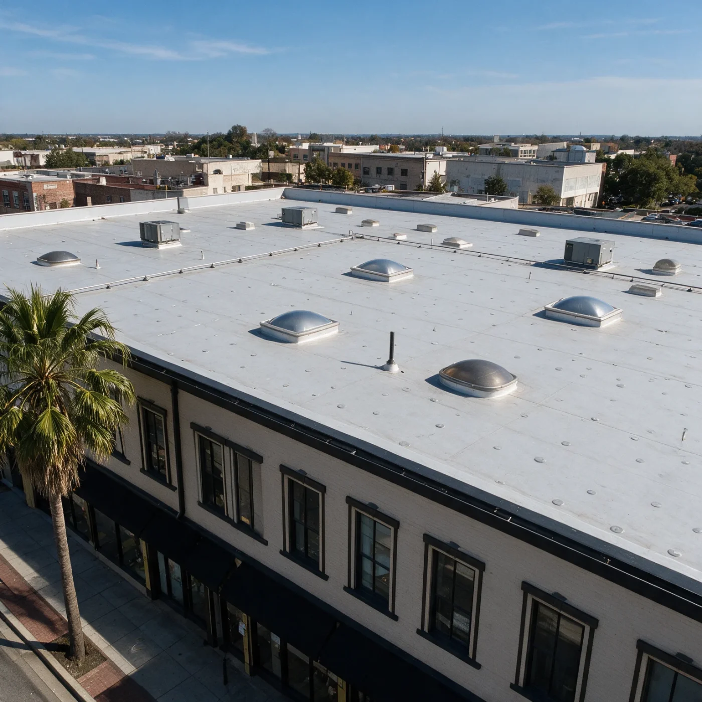 Sharp Commercial Roof Repair In Oxford, FL | Sentinel Roofing A commercial building with a black awning extending from the lower level, and multiple windows on the upper level. The roof is pale gray, and has multiple skylights. HVAC equipment can be seen on the roof’s surface. There are palm trees planted in front of the building.